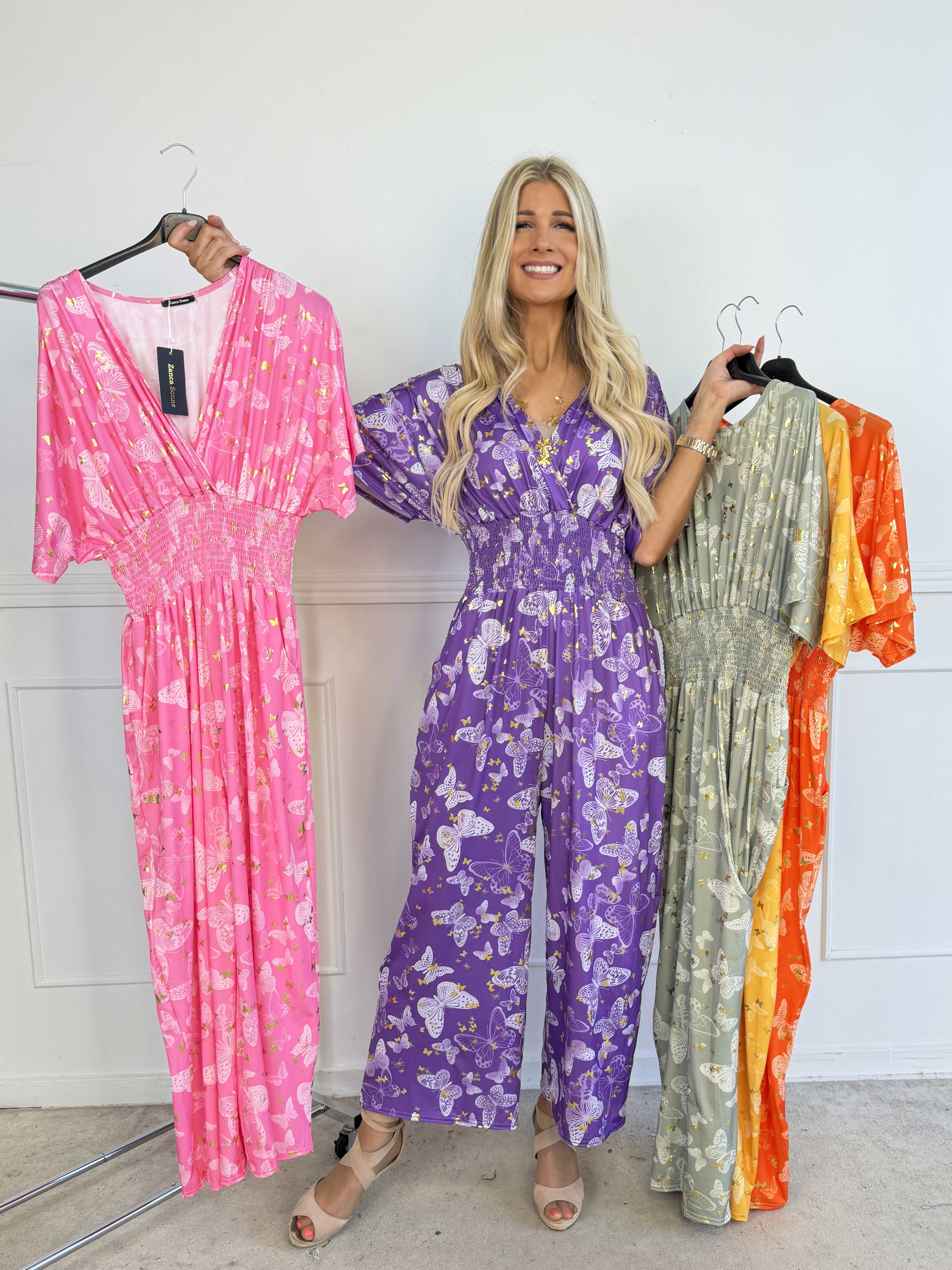 Pams Butterfly - Lang elastisk kjole med smock i livet